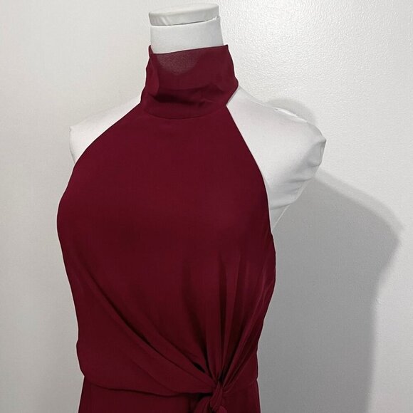 NWOT JENNY YOO COLLECTION BURGUNDY HALTER CHIFFON FRONT TIE FORMAL DRESS - 4 - Picture 5 of 14